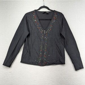 Erika Black Rhinestone Embellished Zipper Front‎ Long Sleeve Cardigan Sweater M